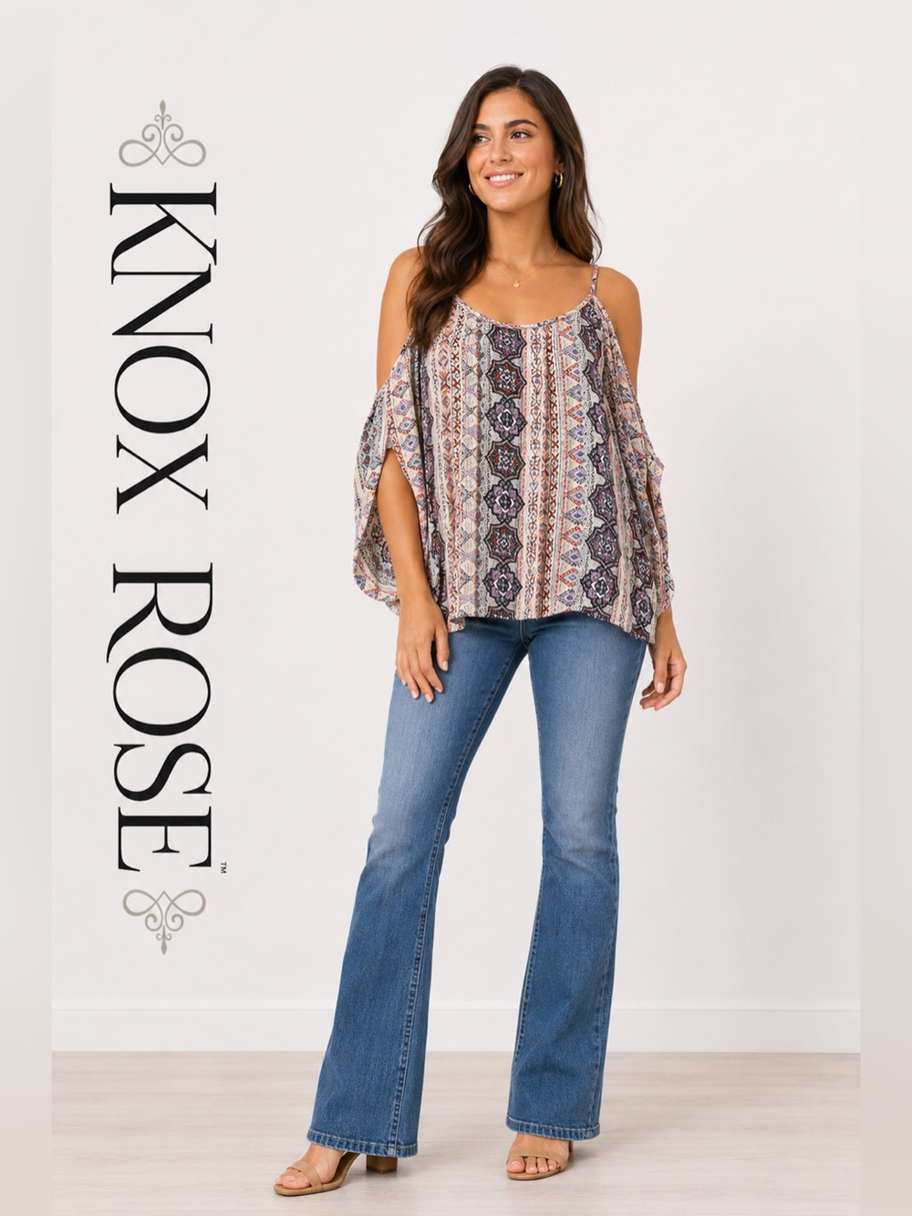 Knox Rose Boho Cold-Shoulder Blouse Aztec Print Size S